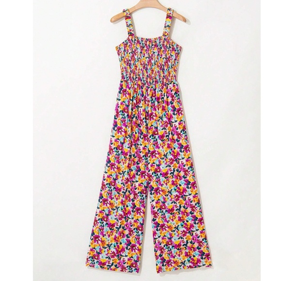 Boho Floral Print Shirred Wide Leg Bib Jumpsuit - Picture 2 of 4